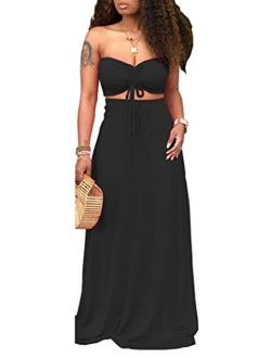 Ophestin Women Sexy Tube Ruched Tie Crop Top Long Skirt Summer Bodycon 2 Piece Outfits Maxi Dress Set