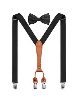 Hisret Boys 4 Clips Suspender and Bow Tie Set Kids Adjustable Y-Back Suspender Bowtie Set for Wedding Birthday