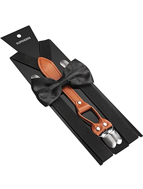Hisret Boys 4 Clips Suspender and Bow Tie Set Kids Adjustable Y-Back Suspender Bowtie Set for Wedding Birthday