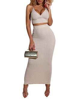 Ophestin Women Sexy Bodycon 2 Piece Outfits Pencil Midi Dress Strap V Neck Ribbed Crop Top Long Skirt Set