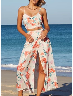 SouqFone Women's Two Piece Maxi Dress V Neck Floral Printed Casual Side Split Beach Dress