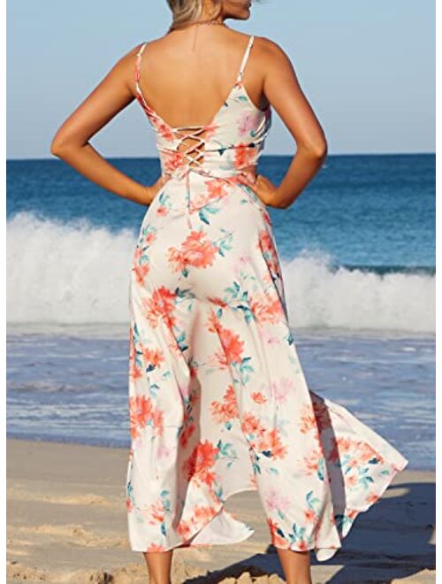 SouqFone Women's Two Piece Maxi Dress V Neck Floral Printed Casual Side Split Beach Dress