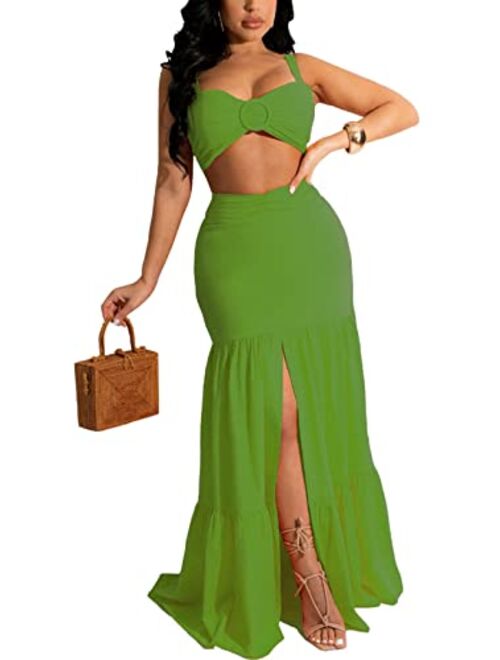 Acelyn Womens 2 Piece Outfits Sexy Sleeveless Crop Tops Fishtail Mermaid Skirt Sets Solid Beach Vacation Maxi Skirt with Slit