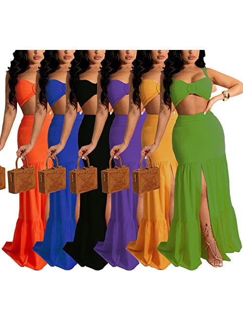 Acelyn Womens 2 Piece Outfits Sexy Sleeveless Crop Tops Fishtail Mermaid Skirt Sets Solid Beach Vacation Maxi Skirt with Slit