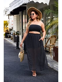 IN'VOLAND Women's 2 Pieces Outfits Dress Plus Size Polka Dots Tube top and Slit Long Skirt Set with Pockets