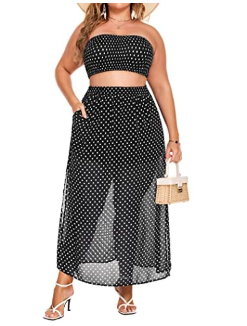 IN'VOLAND Women's 2 Pieces Outfits Dress Plus Size Polka Dots Tube top and Slit Long Skirt Set with Pockets