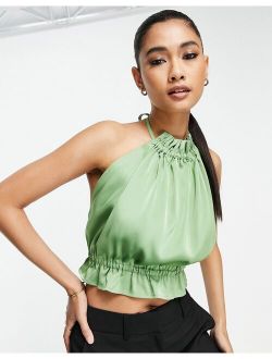 Vila high neck satin crop top with tie back in green - part of a set