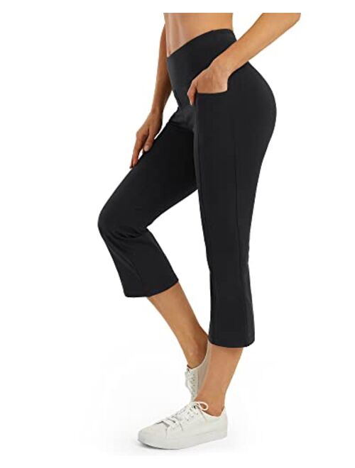 G4Free Crossover High Waisted Bootcut Capris for Women Flare Yoga Pants with Pockets
