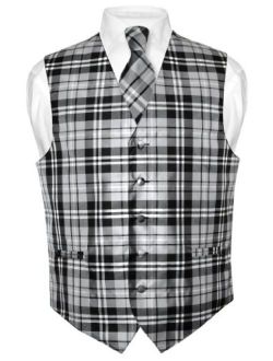 Men's Plaid Design Dress Vest & NeckTie Black Burgundy White Neck Tie Set
