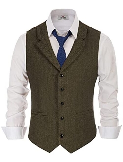 Mens Herringbone Tweed Dress Vest British Slim Fit Notch Lapel Waistcoat Vests