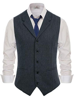 Mens Herringbone Tweed Dress Vest British Slim Fit Notch Lapel Waistcoat Vests