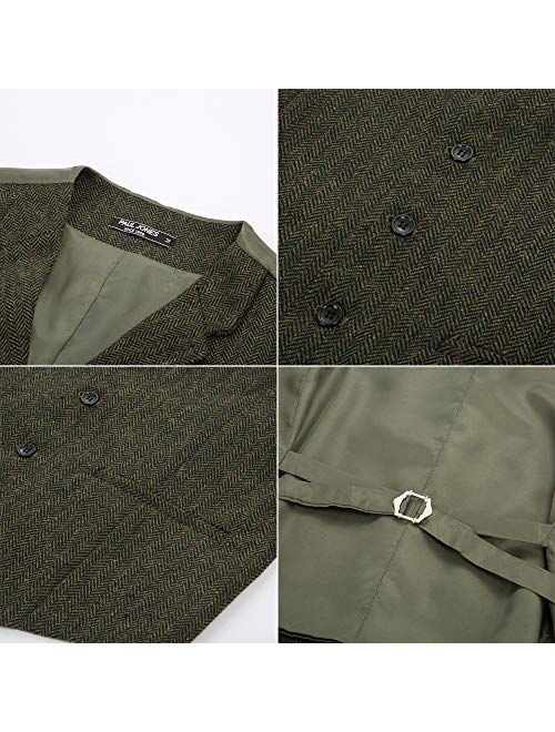 Pj Paul Jones Mens Herringbone Tweed Dress Vest British Slim Fit Notch Lapel Waistcoat Vests