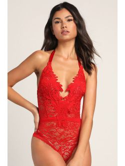 Essence of Romance Red Lace Halter Bodysuit