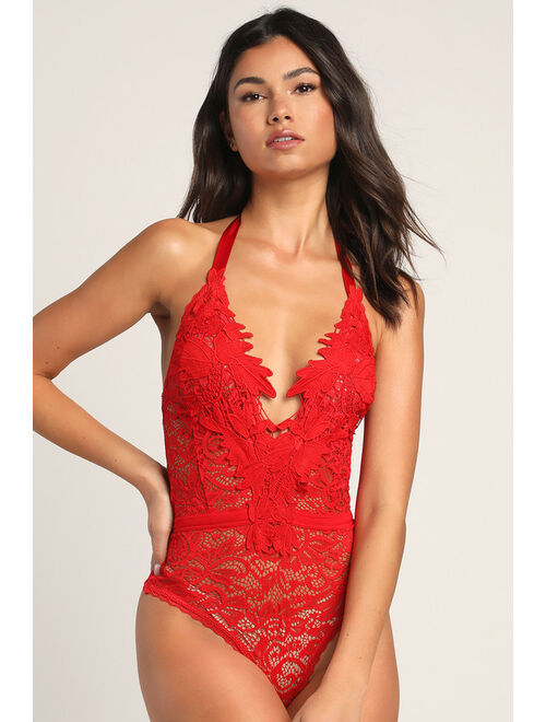 Lulus Essence of Romance Red Lace Halter Bodysuit