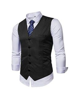 DONSON Mens Formal Business Suit Vest with Blue Striped Necktie