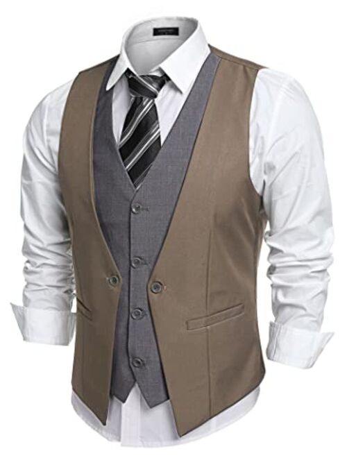 COOFANDY Men's V-neck Sleeveless Slim Fit Jacket Business Suit Vests, Wine Red, XX-Large