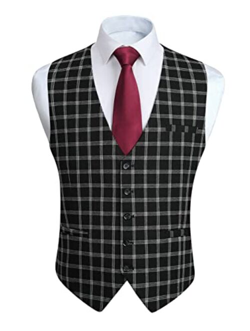 HISDERN Men's Suit Vest Business Formal Plaid Dress Waistcoat Slim Fit Vests for Men with 3 Pocket for Suit or Tuxedo