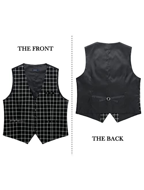 HISDERN Men's Suit Vest Business Formal Plaid Dress Waistcoat Slim Fit Vests for Men with 3 Pocket for Suit or Tuxedo