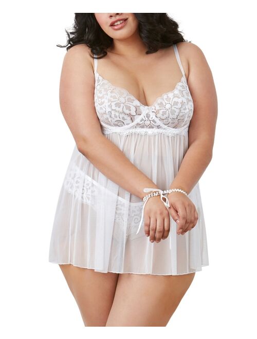 Dreamgirl Women's Plus Size Stretch Lace and Mesh Babydoll with Removable Imitation Pearl Neckline