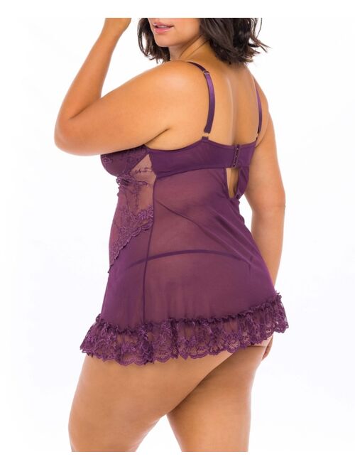 Oh La La Cheri Plus Size Soft Cup Lacey Babydoll with Bows and G-String