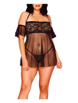 Hauty Odette Plus Size Dot Mesh and Lace Babydoll with Halter Strap, Cold Shoulder Design and Matching G-String