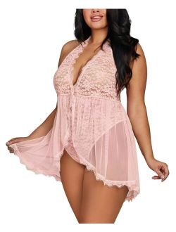 Dreamgirl Women's Plus Size Halter Plunge Lace Teddy with Flyaway Skirt