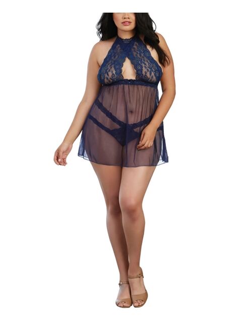 Dreamgirl Women's Plus Size Stretch Lace and Mesh Babydoll with Matching Panty
