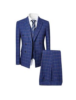 Mens Blue Slim Fit 3 Piece Checked Suits Double Breasted Vintage Fashion