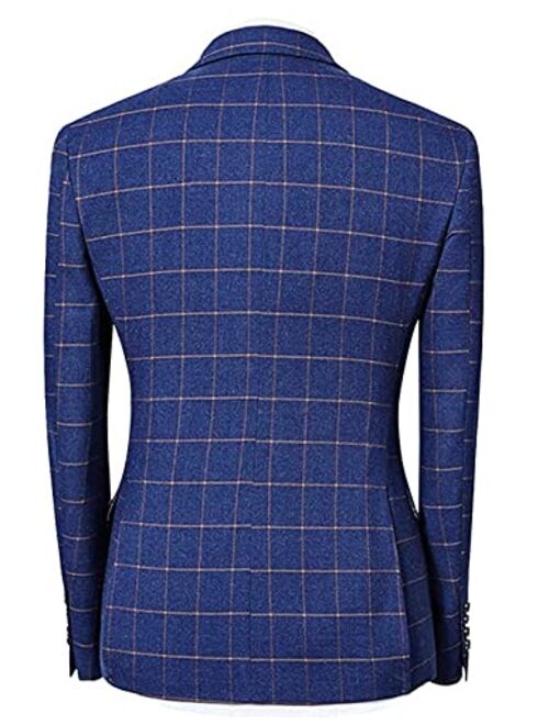 Cloudstyle Mens Blue Slim Fit 3 Piece Checked Suits Double Breasted Vintage Fashion