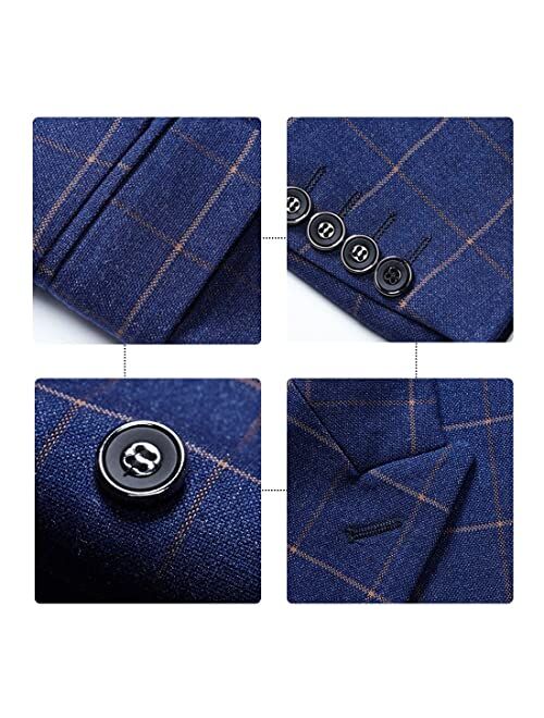 Cloudstyle Mens Blue Slim Fit 3 Piece Checked Suits Double Breasted Vintage Fashion