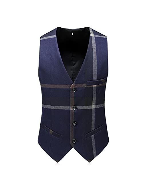 KUDORO Mens Suits 3 Piece Check Plaid Suit Single Breasted One Button Jackets Formal Dress Party Prom Tuxedo Suits for Men