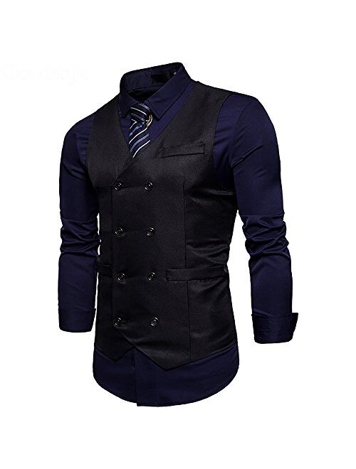 Cloudstyle Mens Vest Double Breasted V-Neck Slim Fit Formal Dress Vest Business Waistcoat