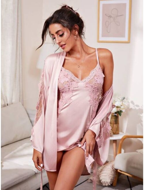 Shein 3pack Contrast Lace Satin Slips & Thong & Robe
