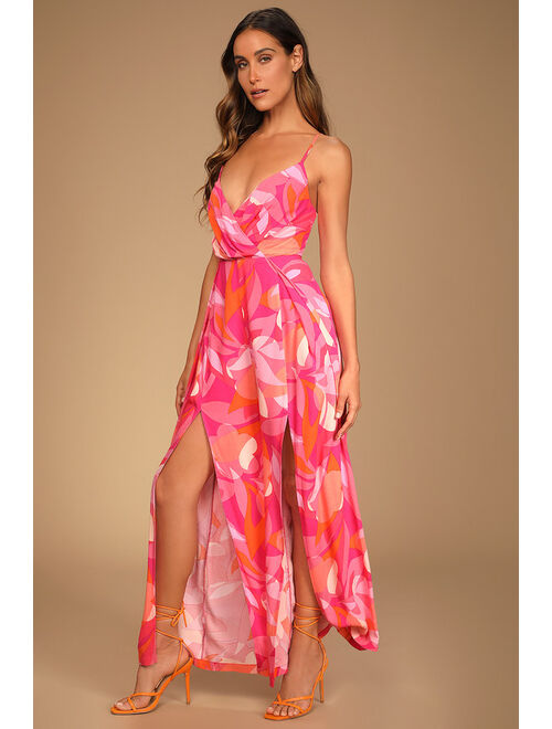 Lulus Tropical Temperament Pink Print Sleeveless Flyaway Jumpsuit