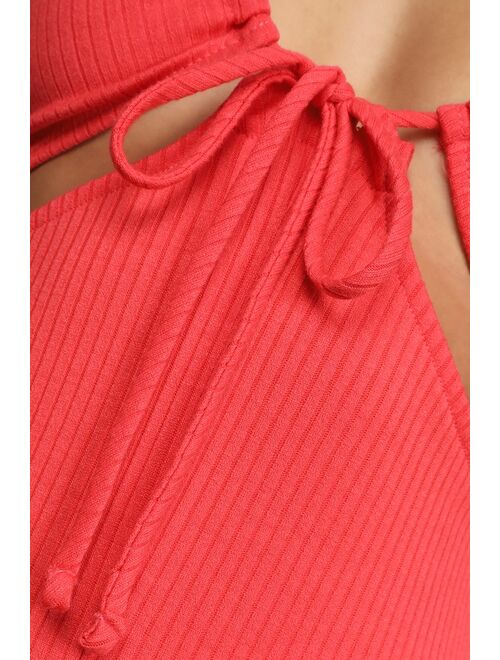 Lulus Laid Back Vibes Coral Pink Sleeveless Knit Jumpsuit