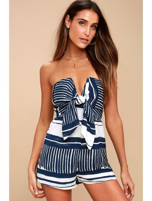 Lulus Delphi Blue and White Striped Tie-Front Strapless Romper