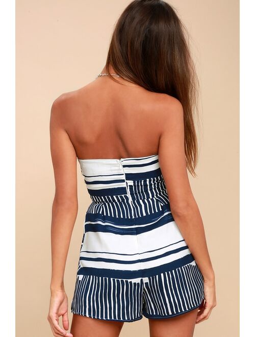 Lulus Delphi Blue and White Striped Tie-Front Strapless Romper