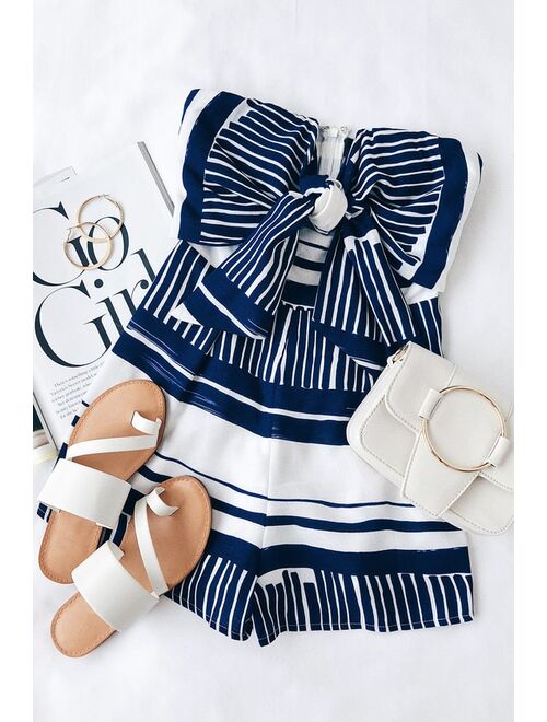 Lulus Delphi Blue and White Striped Tie-Front Strapless Romper