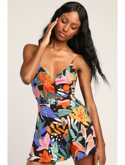 Vacation Cutie Black Multi Floral Print Tie-Back Surplice Romper
