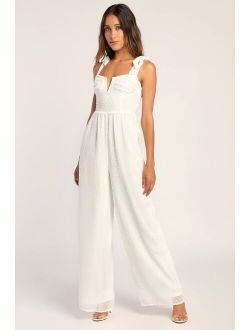 You're Still The One Ivory Swiss Dot Tie-Strap Jumpsuit