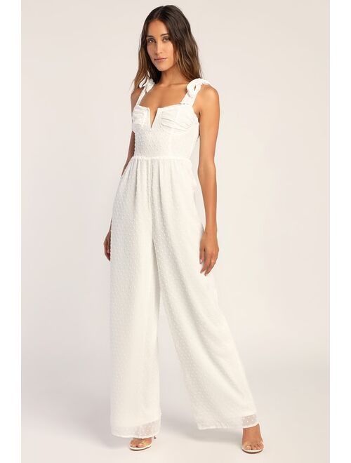 Lulus You're Still The One Ivory Swiss Dot Tie-Strap Jumpsuit