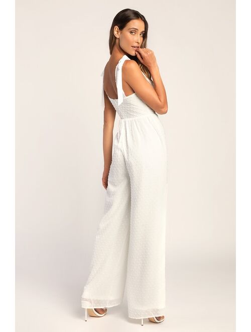 Lulus You're Still The One Ivory Swiss Dot Tie-Strap Jumpsuit