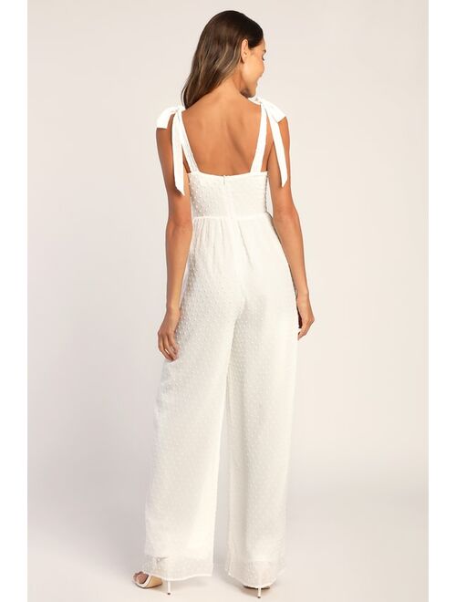 Lulus You're Still The One Ivory Swiss Dot Tie-Strap Jumpsuit