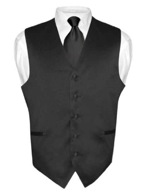 Vesuvio Napoli Men's Dress Vest & NeckTie Solid BLACK Color Neck Tie Set for Suit or Tuxedo