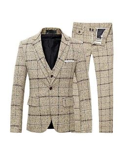 Men's 3-Piece Dress Suit Plaid 1 Button Slim Fit Single-Breasted Wedding Blazer