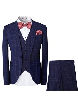 Men's 3-Piece Dress Suit Plaid 1 Button Slim Fit Single-Breasted Wedding Blazer