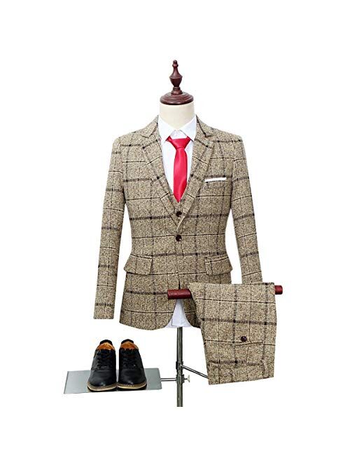 Cloudstyle Men's 3-Piece Dress Suit Plaid 1 Button Slim Fit Single-Breasted Wedding Blazer