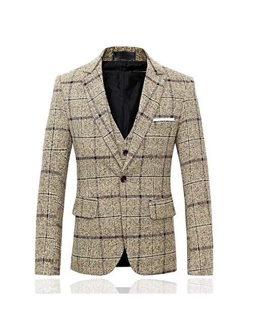 Cloudstyle Men's 3-Piece Dress Suit Plaid 1 Button Slim Fit Single-Breasted Wedding Blazer