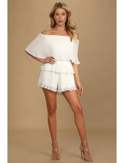 Lulus Gala Ready White Pleated Off-the-Shoulder Romper