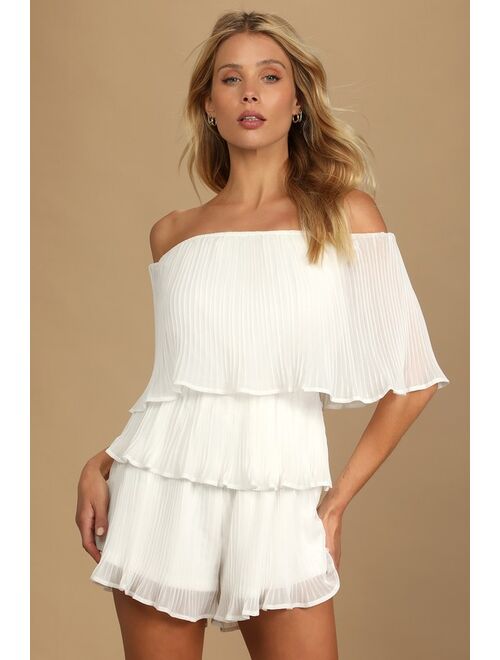 Lulus Gala Ready White Pleated Off-the-Shoulder Romper
